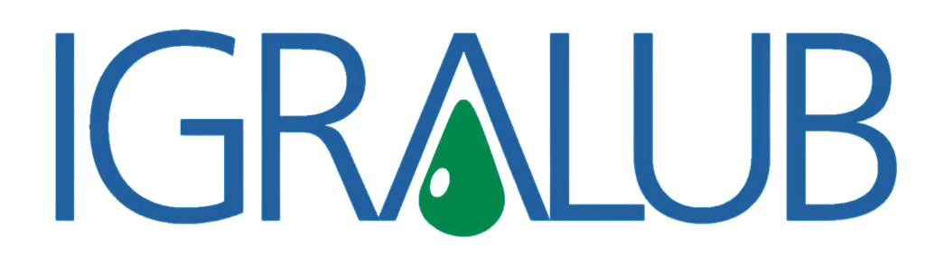 The image features the logo for "IGRALUB." The text is in blue uppercase letters, with a green drop shape integrated within the "A" that symbolizes a drop of lubricant. The logo has a sleek, modern design.